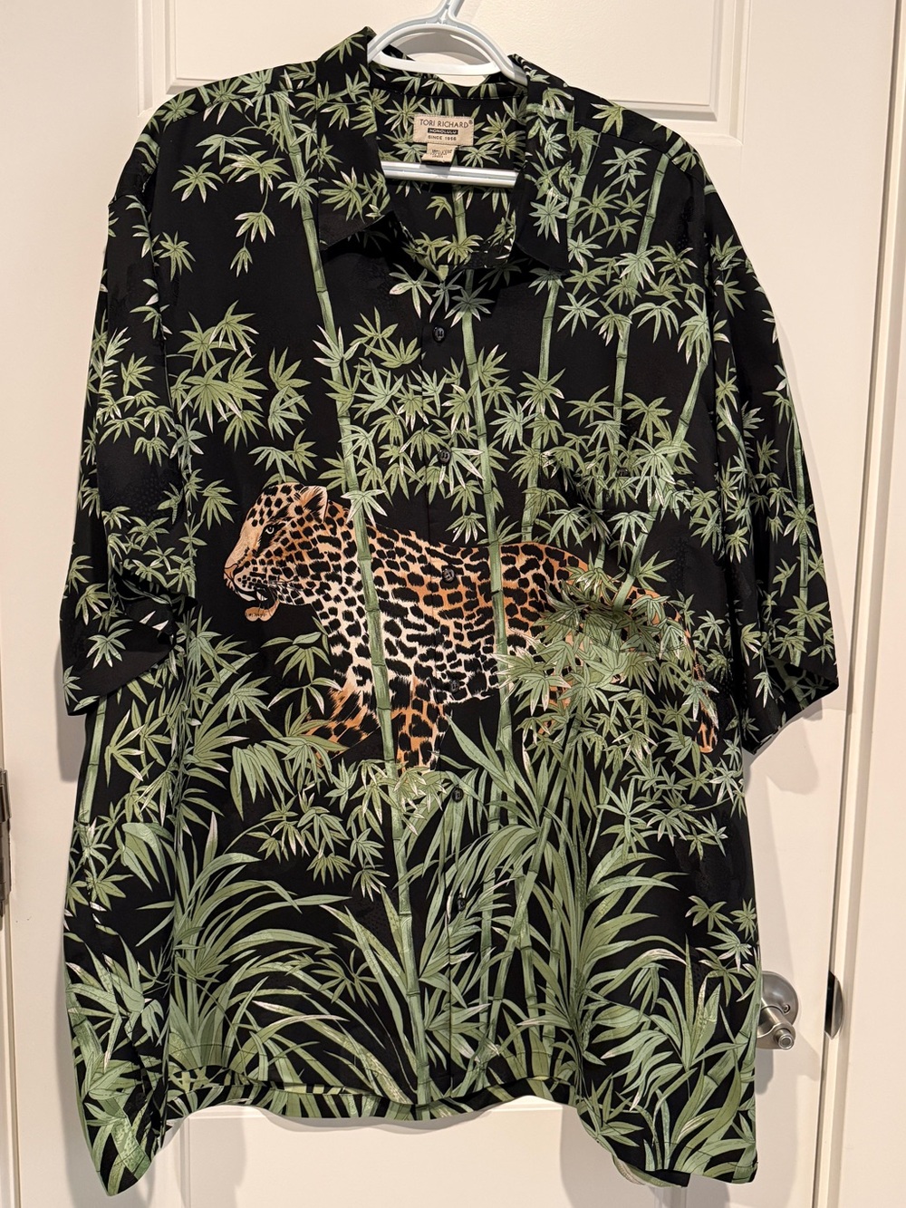 Tori Richard Black Silk Camp Shirt with Green Bamboo Print
